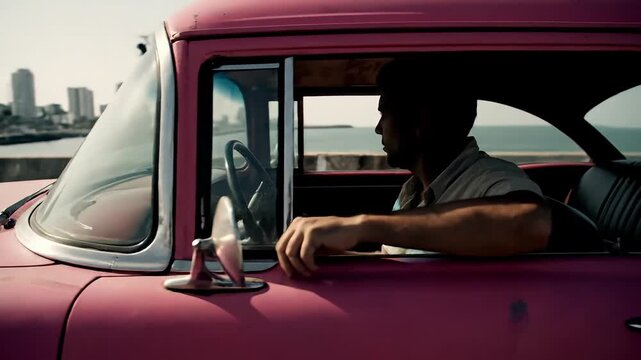 man driving a pink vintage retro car along the havana embankment with a classic cuban vehicle against the ocean and city landscape