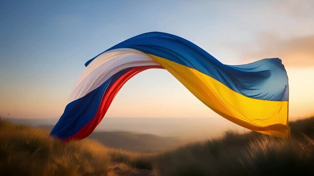 flags of russia and ukraine waving in the wind and intertwining in an arch shape against a peaceful mountain landscape and sunset