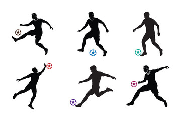 Set of soccer player action silhouettes isolated on white background, sports vector illustration.