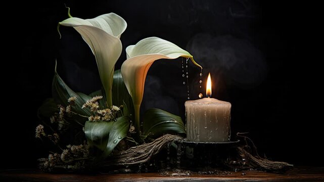 Burning candle casting warm glow on white calla lilies, arrangement, dark background, artistic still life, moody ambiance, candlelight scene.