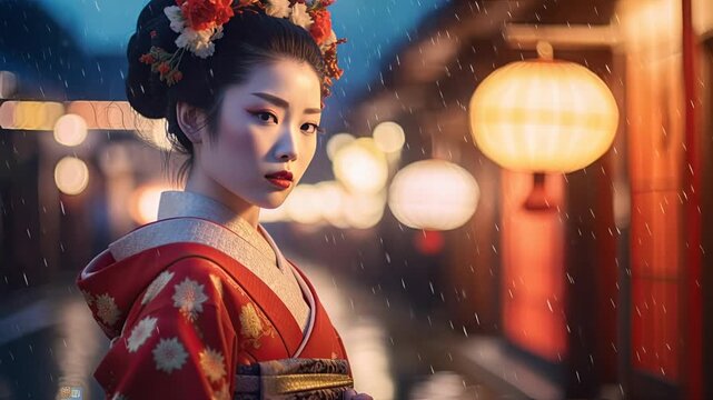 Traditional Japanese geisha in red kimono, rainy night street, lantern lit alley, cultural performer, classical beauty, Kyoto ambiance.