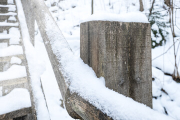 Snow Covered Wooden Stair Railing Post In Winter Forest
