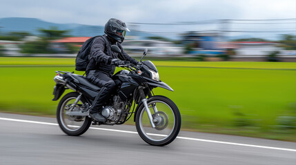 Male rider on motorcycle in motion on open road with blurred background