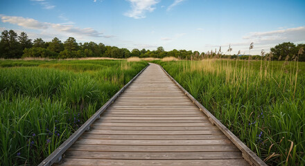 Obraz premium Wooden boardwalk through lush greenery under a blue sky 