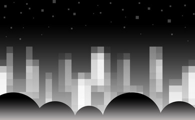 黒、白、灰のモノクロの配色、グラデーション効果も付けた背景、モザイクでデザインした高層ビルのようなオブジェクト、夜空、星、山や木をイメージしたイラストの幻想的な風景、画像、装飾物、壁紙、グラフィックの素材