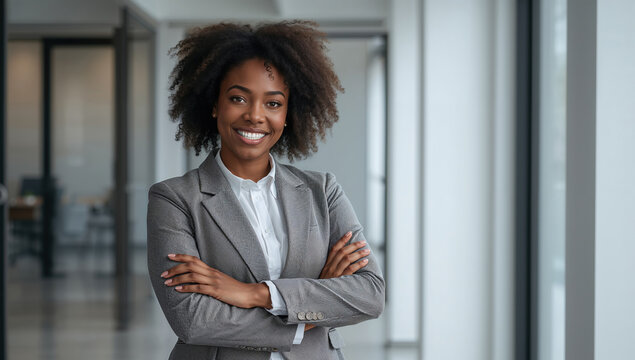 Retrato corporativo de mujer profesional afro con traje gris y brazos cruzados, sonrisa segura en oficina moderna desenfocada