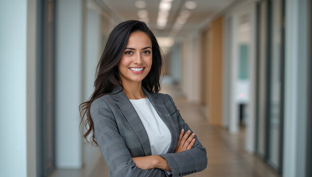 Retrato corporativo de mujer ejecutiva con blazer gris y brazos cruzados, sonrisa profesional en corredor de oficina