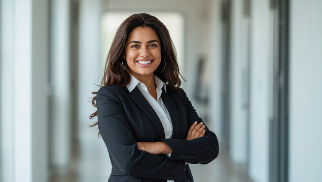 Retrato business de mujer ejecutiva con cabello rizado y traje oscuro, brazos cruzados y sonrisa segura en oficina