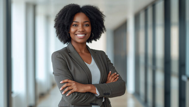 Retrato corporativo de mujer profesional afro con traje gris y brazos cruzados, sonrisa segura en oficina moderna