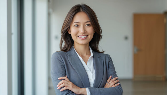 Retrato corporativo de mujer ejecutiva asi&aacute;tica con traje gris y sonrisa profesional, oficina moderna luminosa desenfocada
