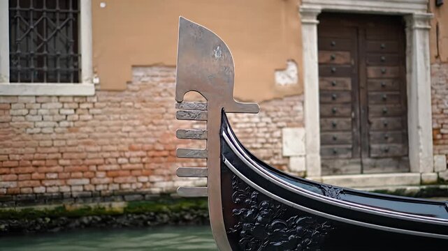 Ornate prow ornament on traditional flat-bottomed boat traveling narrow waterway
