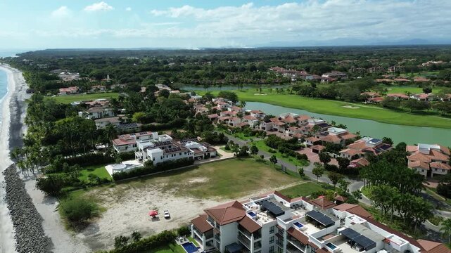 Rio Hato community aerial view of beach and resort area in Panama near the ocean