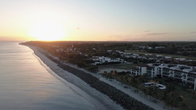 Sunset golden hour Rio Hato aerial view of beach and resort area in Panama near the ocean