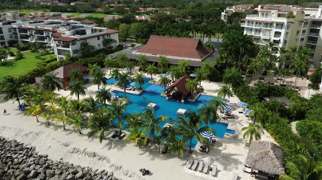 Rio Hato flying aerial view of beach and resort area in Panama near the ocean
