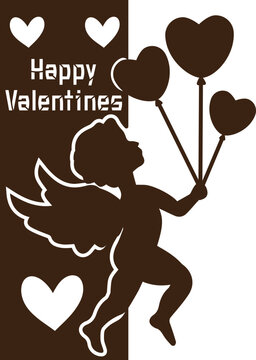Valentine's Day Cupid Silhouette with Heart Balloons - Romantic Paper-Cut SVG Design Handcrafted Cupid Silhouette Vector - Papercut Style Illustration for Valentine Greeting Cards