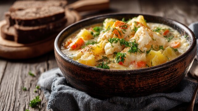 Delicious homemade potato fish chowder with dill garnish