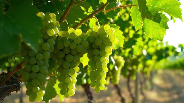 Clusters of ripe green grapes hanging on a sunny vineyard vine