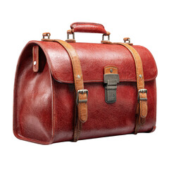 Vintage brown leather satchel briefcase with straps isolated on transparent background