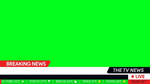 Breaking news lower third overlay animation. Red and white broadcast television graphic with live badge and weather forecast scrolling at bottom. Journalist and media concept. Transparent background
