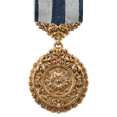 Gold military medal with floral design and ribbon isolated on transparent background