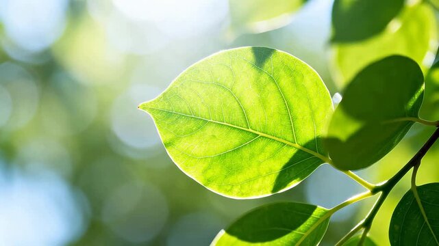 Closeup of a green leaf with sunlight
