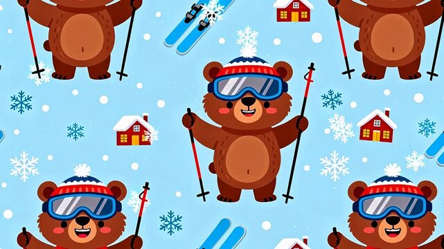Cute bears skiing in winter scene