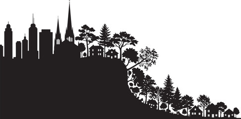 Obraz premium Silhouette cityscape blending modern skyscrapers and traditional houses nestled among trees on a sloping hill, representing urban development and nature's integration.