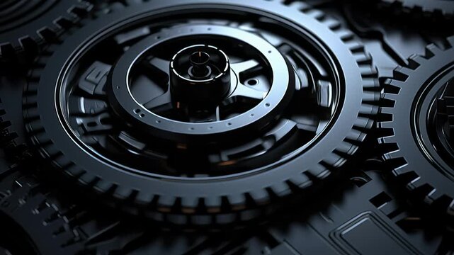 Precision engineered gears turning in unison, mechanical movement, industrial automation, kinetic machinery, metallic motion, robotic system, mechanical animation.