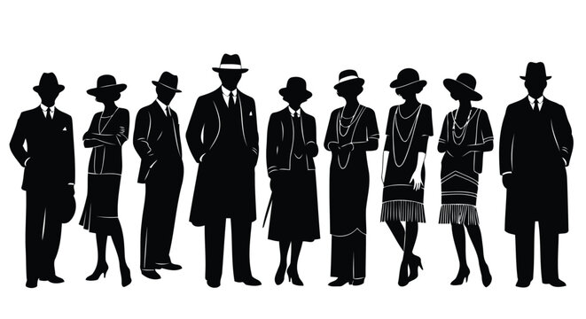 Black silhouettes of vintage people wearing 1920s fashion style