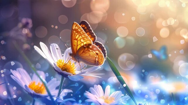 Orange butterfly sipping nectar from white daisy, pollinator in meadow, scene, nature, serene wildlife moment.