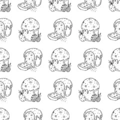 Fototapeta premium Hand drawn seamless pattern with Easter cake and decorated eggs. Vector sketch illustration in vintage doodle crayon charcoal style