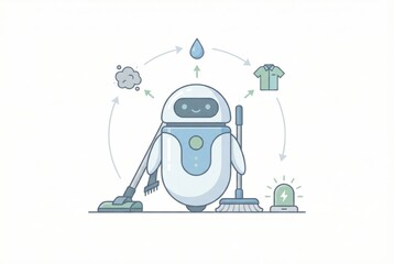 Naklejka premium Futuristic cleaning robot optimizing home maintenance through eco friendly processes while enhancing daily efficiency and reducing human effort in a streamlined approach to cleanliness