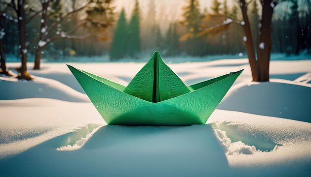 gorgious green paper boat on snow