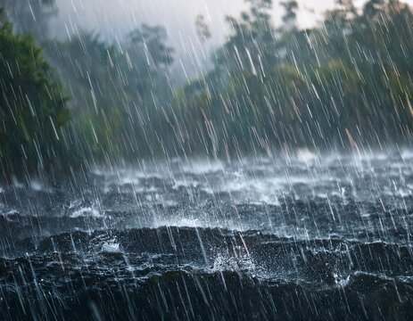 a torrential rainstorm with heavy raindrops falling showing the overwhelming power of water in weather rainstorm water force