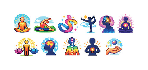 Fototapeta premium Mindfulness and meditation icon set. spiritual, relaxation icons in vibrant 3d style