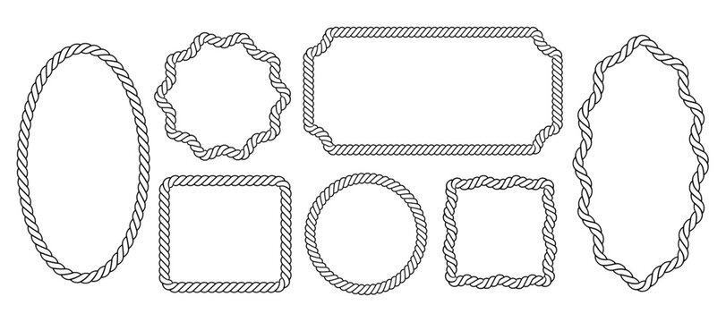 Nautical rope frame set with oval, rectangular and round shapes, cord and thread texture, flat vector vignettes for photos, pictures, labels and marine design on white