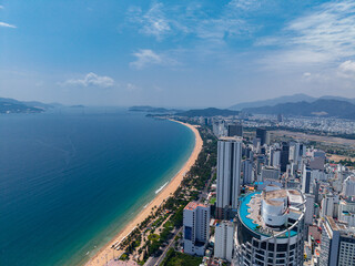Aerial view Nha Trang Vietnam coastal skyline at with vibrant colors and urban beach scape