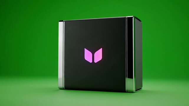 A sleek black box with a pink logo centered on its front, standing upright on a green surface, captured from a slightly angled viewpoint in a studio setting.