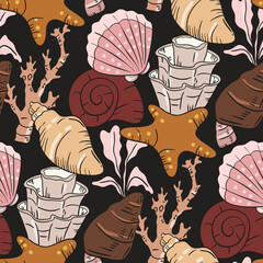 Cotton fabric Hand drawn botanical ocean life seamless pattern with dusty pink seashells and terracotta starfish on black background for textile and wallpaper