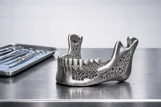3D-printed mandible implant on steel table with instrument tray in background, high tech innovations in medicine and orthopaedics 