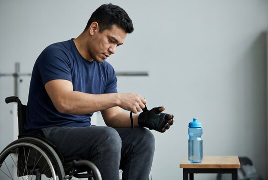 Man para-athlete in wheelchair preparing for exercise. Adaptive sport equipment and workout routine for disabled person.