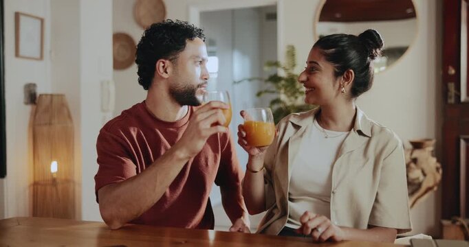 Morning, orange juice and toast with couple in home together for bonding, milestone or romance. Cheers, drink and love with happy people in apartment for beverage, connection or relationship