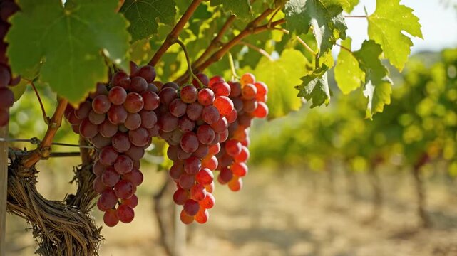 Ripe red grapes hanging on vine in sunny vineyard