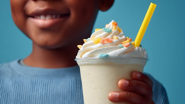 Smiling child holding a whipped cream-topped milkshake with colorful sprinkles and a bright straw. Focus on the cup, fingers softy gripped, joyful expression partially visible