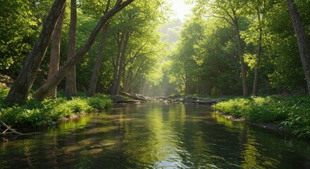 Obraz premium Tranquil river flowing through a lush green forest landscape with sunlight