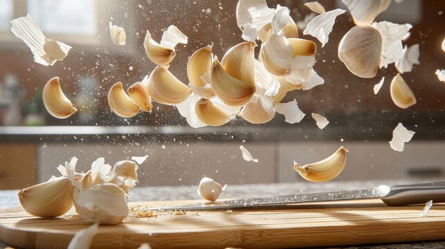 Garlic toss mid air cloves flying above bamboo cutting board culinary action peeled unpeeled movement scattered garlic skins chef knife