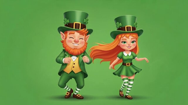 St Patricks Day cartoon leprechaun man with red beard and leprechaun girl with long orange hair dancing in traditional green outfits striped socks and shamrock hats on plain green background. 
