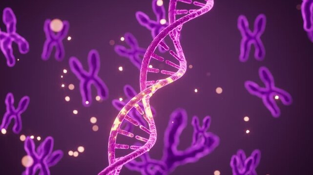 3D animation of a transparent DNA helix with glowing particles, symbolizing biotech, genetics, and advanced skincare