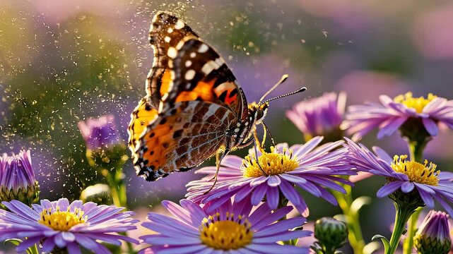 Painted lady butterfly feeds on purple aster flowers softly
