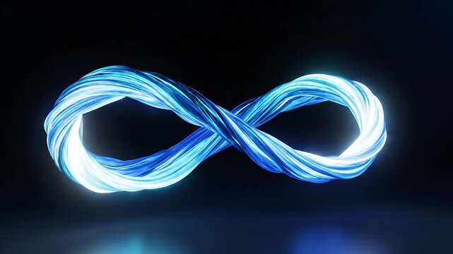 A 3D infinite loop structure glows with blue neon lights in a dark environment, viewed from a straight-on perspective.